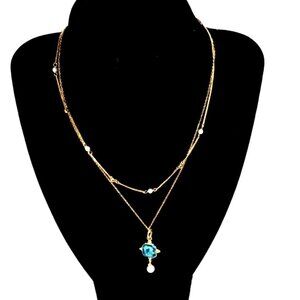 Elegant Gold-Tone Layered Necklace - Blue Gem & Pearl Accents - Stylish Women's
